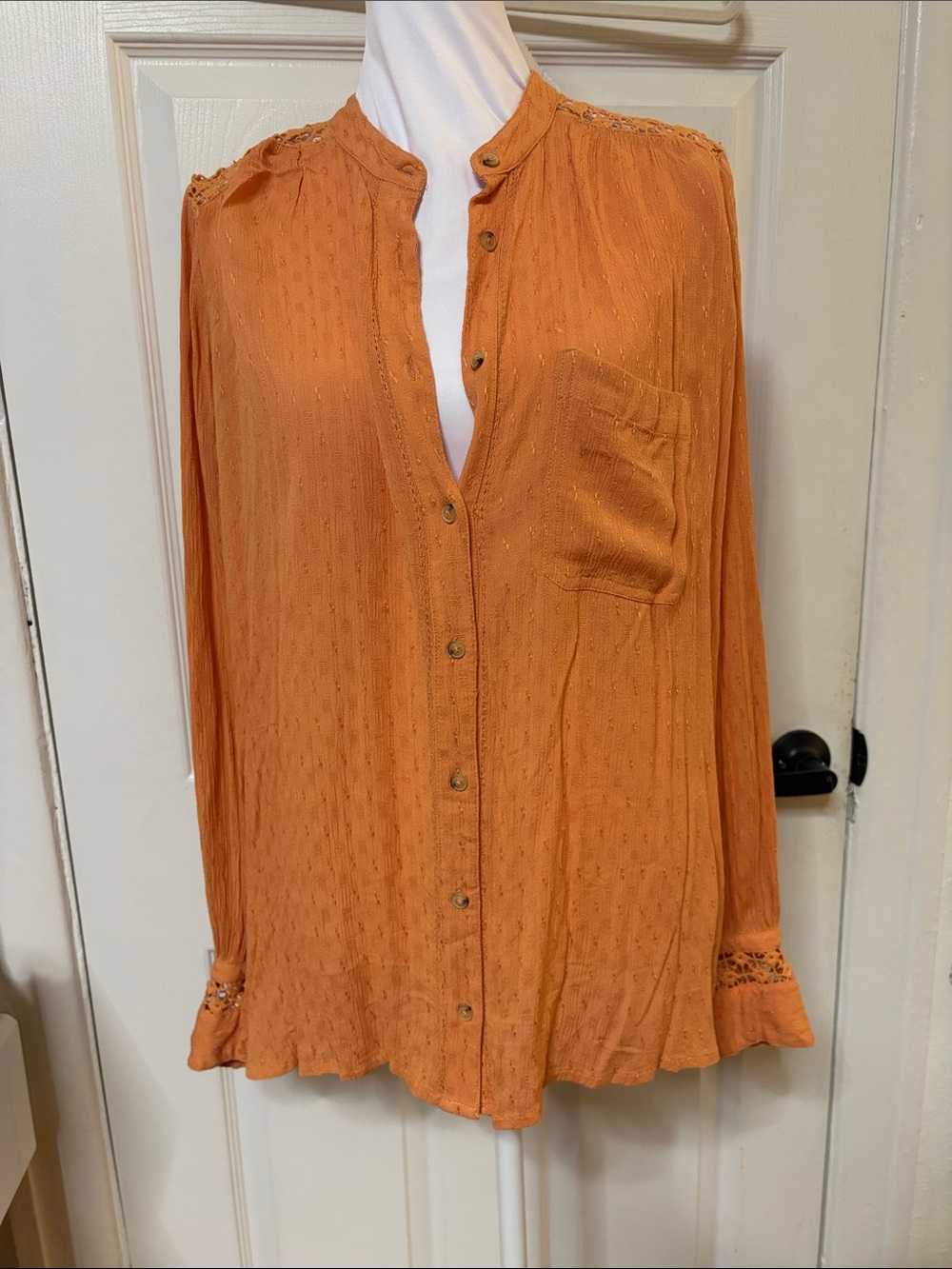 Free People Rust Orange Button-Up Lace-Trim Blouse